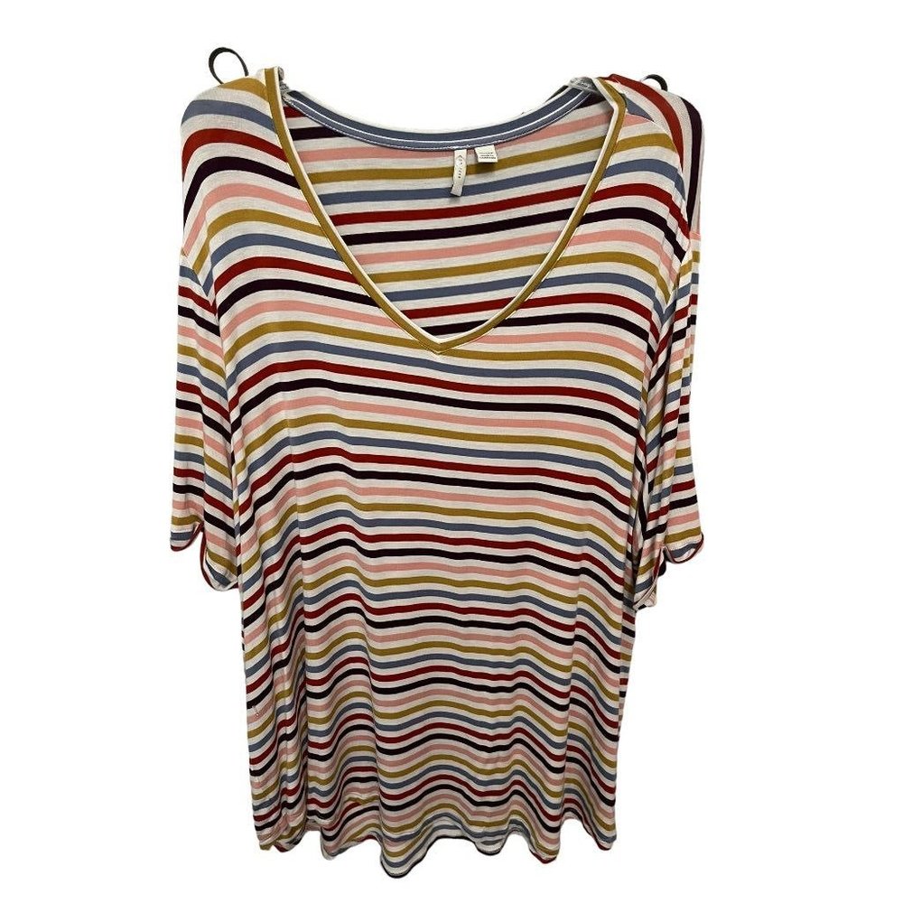 26/28W C Brand Multicolor Striped Short‎ Sleeve V-Neck Womens Top